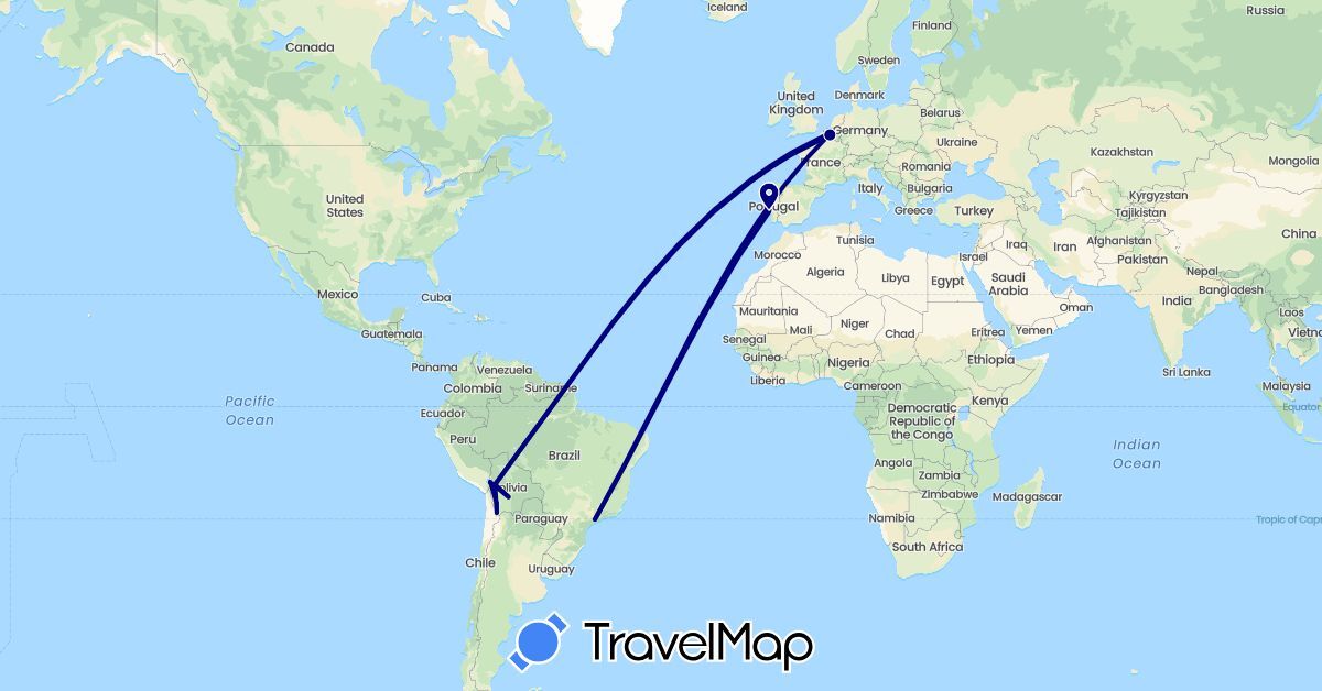 TravelMap itinerary: driving in Belgium, Bolivia, Brazil, Portugal (Europe, South America)